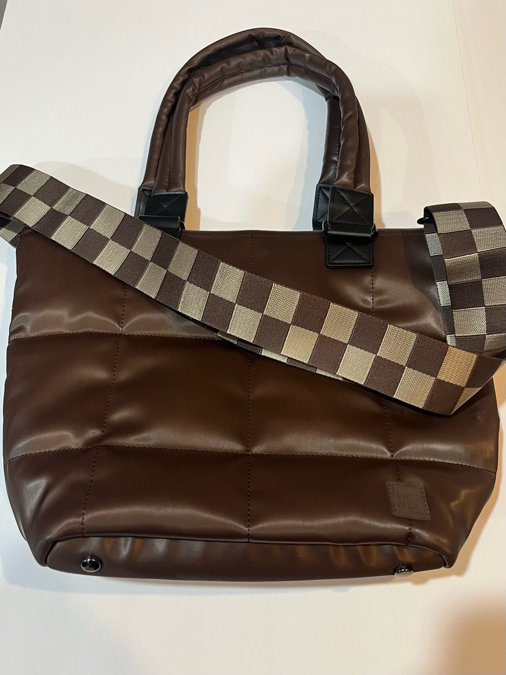 IHKWIP Brown Quilted Tote with Checker Web Strap